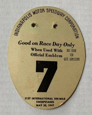 Vintage 1947 Indianapolis 500 Motor Speedway Pit Pass Card Stock For Emblem