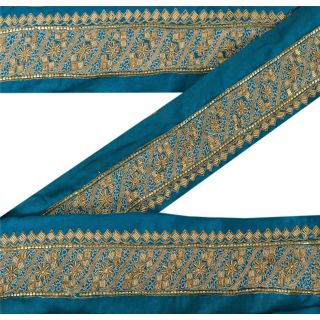 Sanskriti Vintage Sari Border Craft Blue Trim Hand Beaded Sewing Ribbon Lace
