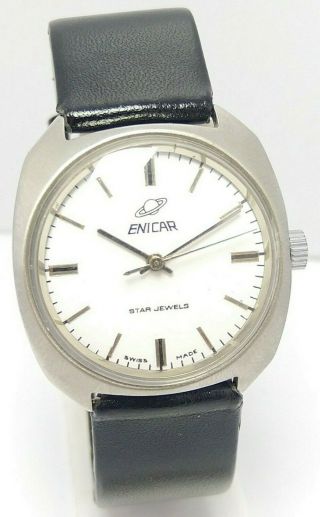 Swiss Made Vintage Enicar White Dial Hand Winding 17j Wrist Watch Men 