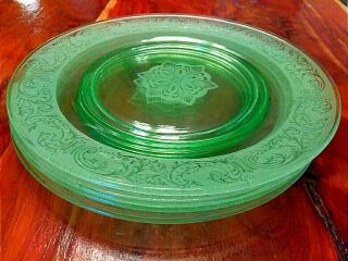 Vintage Green Etched Depression Glass Dinner Plates Set Of 4