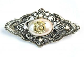 Art Deco Rose Pearl Rhinestone Brooch Vintage Pin