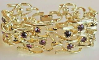 Stunning Vintage Signed Coro Amethyst Rhinestone Gold Ribbons Bracelet