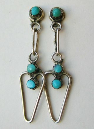 Vtg Zuni Indian Sterling Silver Blue Turquoise Pierced Drop Dangle Earrings