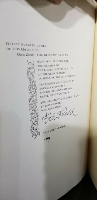 THE DESCENT OF MAN,  By CHARLES DARWIN,  Limited Edition Club,  Numbered & Signed 3