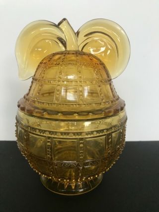 Honey Amber Apple Or Pear Shaped Glass Vintage Yellow Candy Dish With Lid 7.  5 "