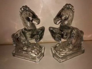 Vintage Clear Glass Rearing Horse Bookends - Heavy Pair 5.  5 Lbs Lee Smith