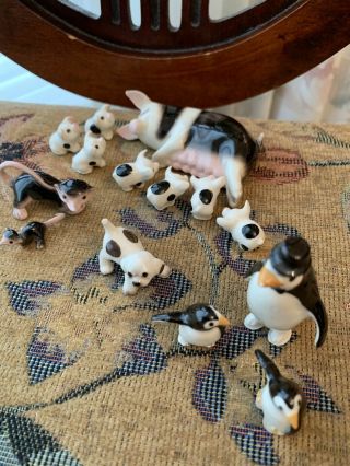 Vintage Hagen Renaker,  Set Of 14 Miniatures 8 Pigs,  2 Possums,  3 Penguins,  &1 Puppy