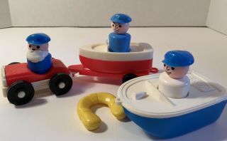 Vintage Fisher Price Little People Boats Trailer Sea Captains