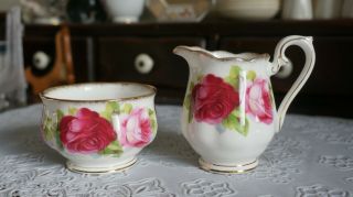 Vintage Royal Albert Old English Rose Creamer & Open Sugar Bowl,  England