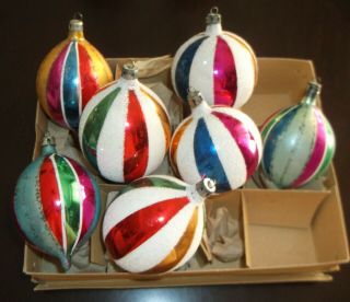 Vintage Striped Mercury Glass Mica Christmas Ornaments - Poland
