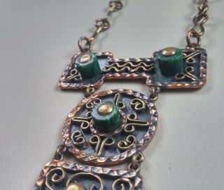 ✅ Vintage Mexican Large Chunky Copper,  Brass Malachite Pendant Necklace Signed