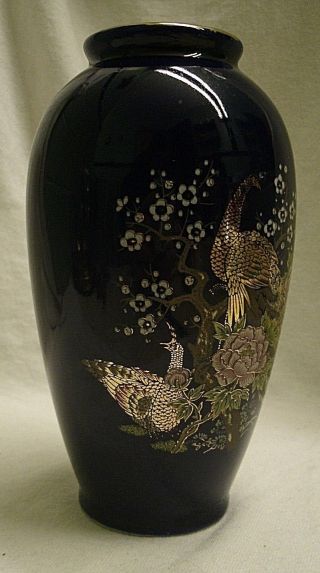 vintage Japan Peacock & Flowers Vase cobalt blue gold leaf porcelain bird peony 2
