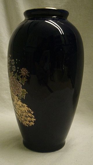 vintage Japan Peacock & Flowers Vase cobalt blue gold leaf porcelain bird peony 5