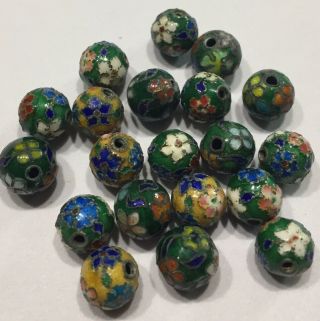 Vtg 80s 1/4”d Cloisonne Beads 20 Matching Green Blue Yellow Red White Enamels