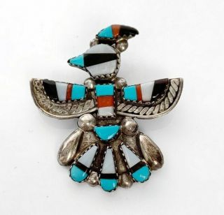 Vtg Zuni Thunderbird Pendant Pin Brooch Sterling Silver Inlay Native American