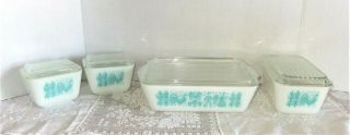Vtg Pyrex Amish Butterprint Refrigerator Dishes 8 Pc Set Turquoise White - 2