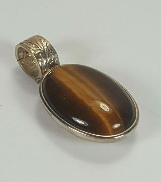 Vintage Signed Wk Sterling Silver Engraved Double Sided Pendant With Tigers Eye