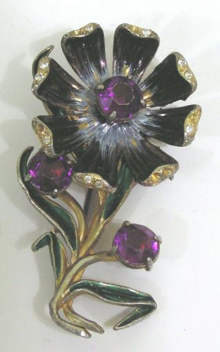Vintage Jewelry 1940s Flower Brooch Pink Rhinestones and Enamel Petals & Leaves 4