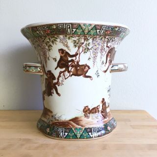 Vintage Porcelain Large Chinese Monkeys Ceramic Vase Floral Gold Trim Printed