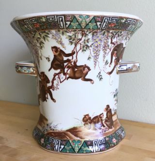 Vintage Porcelain Large Chinese Monkeys Ceramic Vase Floral Gold Trim Printed 2