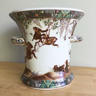 Vintage Porcelain Large Chinese Monkeys Ceramic Vase Floral Gold Trim Printed 3