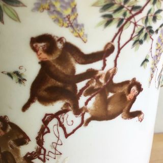 Vintage Porcelain Large Chinese Monkeys Ceramic Vase Floral Gold Trim Printed 5