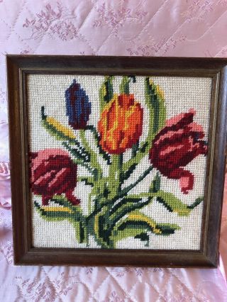 Vtg Tulips Framed Floral Art Needlepoint 10 X 10 Shabby Flowers Cottage Chic