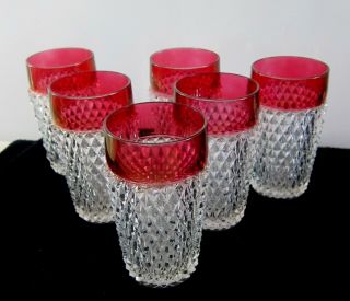 6 Vintage Ndiana Glass Diamond Point Ruby Red Flash Ice Tea Tumblers Juice