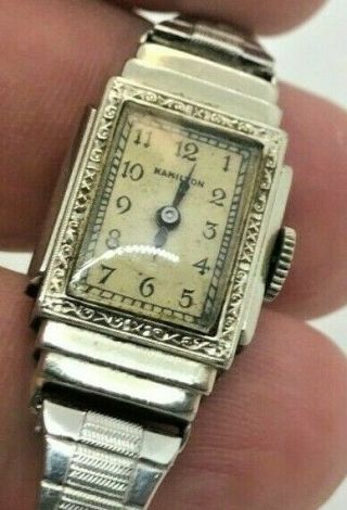 Vintage Art Deco Hamilton 14k White Gold Filled Ladies Watch - 17j