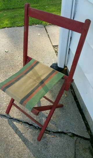 Vintage Folding Stool Fishing Camp Chair Canvas - Wood & Back Either Way