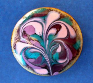 Inga Pin Vintage Enameled Copper Stylized Pink Teal Wine Signed Brooch Round