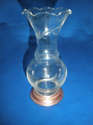 Vintage Etched Glass Bud Vase Copper Base 5 1/2 " Princess House