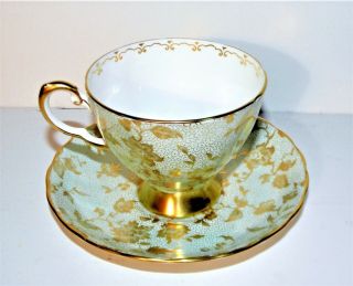 Vintage Royal Chelsea Bone China Cup & Saucer Green/gold Floral Pattern 5120a
