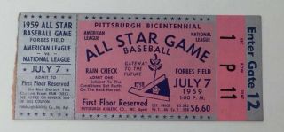 Rare Vintage 1959 All Star Game Major League Baseball Forbes Field Ticket Stub
