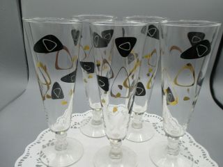 Vintage Set Of 5 Mid Century Parfait Glasses Black Gold Pattern