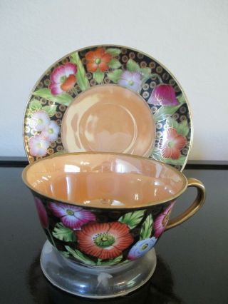 Noritake Vintage Art Deco 5 " Cup & Saucer,  Luster,  Black,  Flowers,  Gold Decor