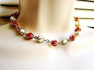 Vintage Metal Caged Red & White Glass Beads Choker Art Deco Modern Gold Tone
