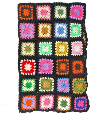 Vintage Handmade 76 X 48 Multicolor Granny Square Wool Crochet Throw Blanket