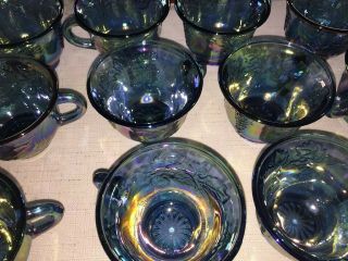 Vtg Blue Iridescent Carnival Glass Harvest Grape Indiana 14 Punch Bowl Cups