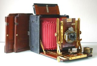 1/2 Plate Sanderson Leather Covered Mahogany & Brass H&stand Camera C1910