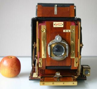 1/2 PLATE SANDERSON LEATHER COVERED MAHOGANY & BRASS H&Stand CAMERA c1910 4
