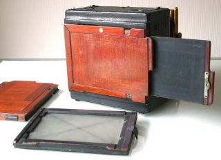1/2 PLATE SANDERSON LEATHER COVERED MAHOGANY & BRASS H&Stand CAMERA c1910 9