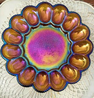 Vintag Blue Carnival Glass Hobnail Deviled Egg Plate Serving Dish Tray Indiana