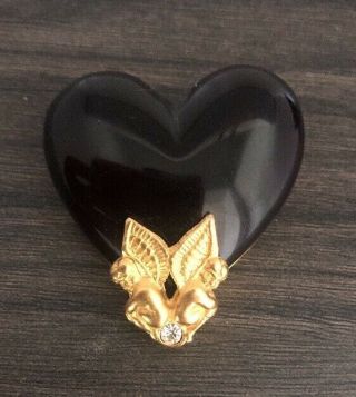 Vintage Rare Givenchy Black Lucite Heart Angel Cupid Brooch Pin Brushed Gold