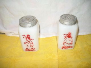 Vintage Hazel Atlas Milk Glass Red Dutch Skaters Skating Salt And Pepper Shakers