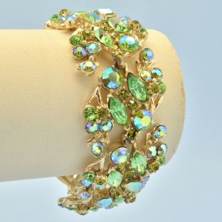Vintage Bracelet 1950s Green Aurora Borealis Crystal Goldtone Bridal Jewellery