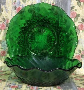 Emerald Green Scalloped Depression Glass Bowl Diamond Hobnail 6 1/4 Dia Vtg EUC 2