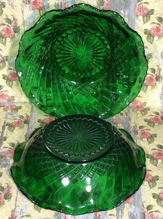 Emerald Green Scalloped Depression Glass Bowl Diamond Hobnail 6 1/4 Dia Vtg EUC 3