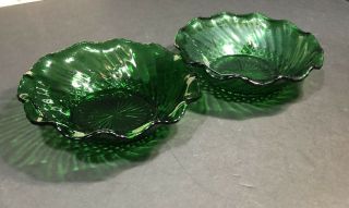 Emerald Green Scalloped Depression Glass Bowl Diamond Hobnail 6 1/4 Dia Vtg EUC 5