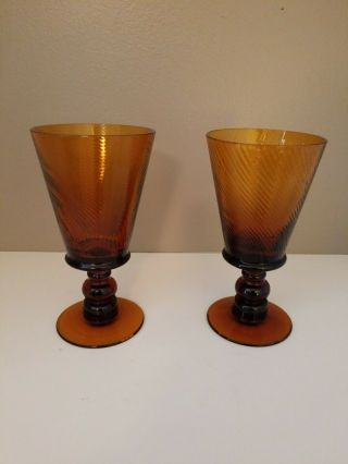 2 Dark Amber Wide Mouth Vintage Glass Goblets,  Swirl Pattern.